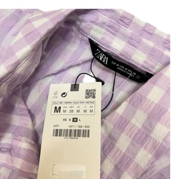 Zara Gingham Crop Top Button Down Blouse Shoulder Pads‎ Bright Pastel - Picture 8 of 11